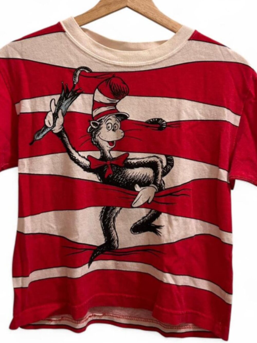 Red and white striped short sleeved T-shirt